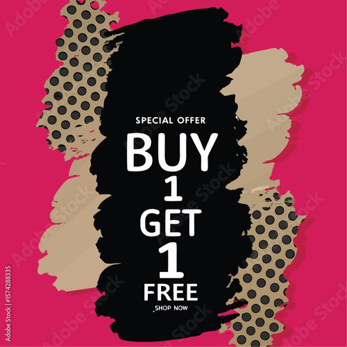Buy one, get one free special offer label. Sale retail business promotion sticker. Marketing advertising label template vector illustration