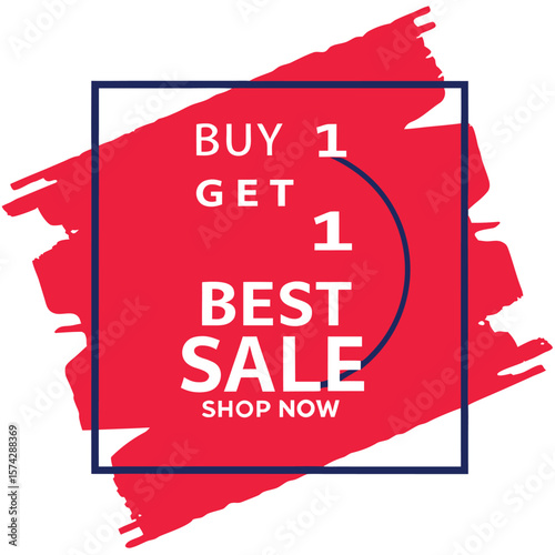 Buy one, get one free special offer label. Sale retail business promotion sticker. Marketing advertising label template vector illustration