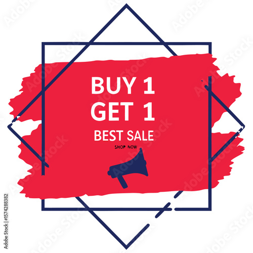 Buy one, get one free special offer label. Sale retail business promotion sticker. Marketing advertising label template vector illustration