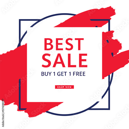 Buy one, get one free special offer label. Sale retail business promotion sticker. Marketing advertising label template vector illustration