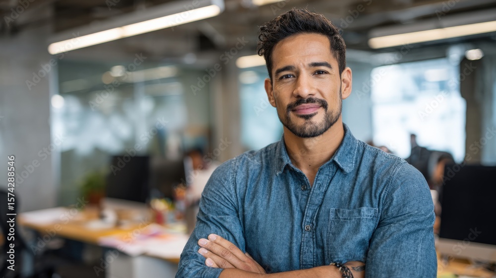 Obraz premium Motivated Hispanic young professional in bright office, confident posture while working on cloud-based HR system.