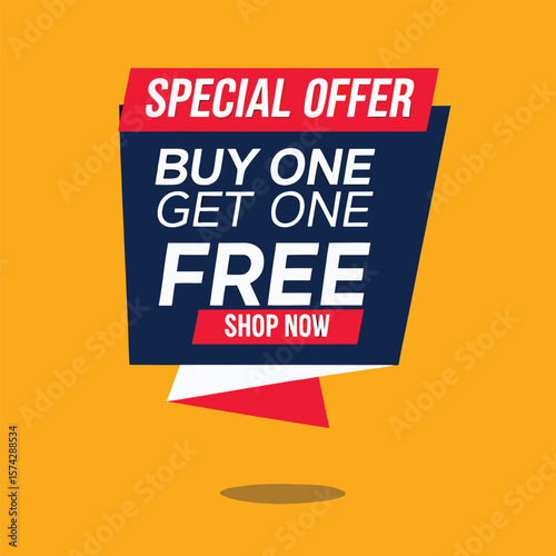 Buy one, get one free special offer label. Sale retail business promotion sticker. Marketing advertising label template vector illustration