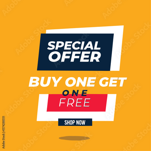 Buy one, get one free special offer label. Sale retail business promotion sticker. Marketing advertising label template vector illustration