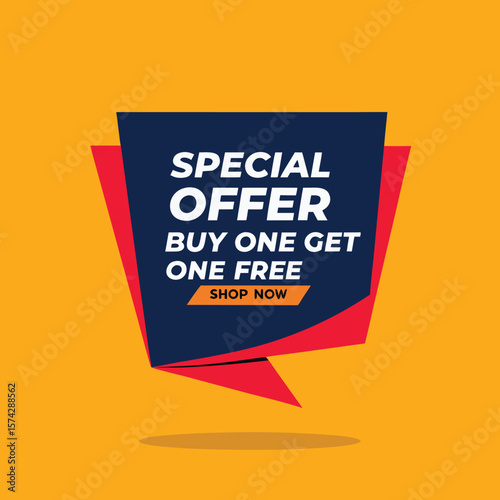 Buy one, get one free special offer label. Sale retail business promotion sticker. Marketing advertising label template vector illustration