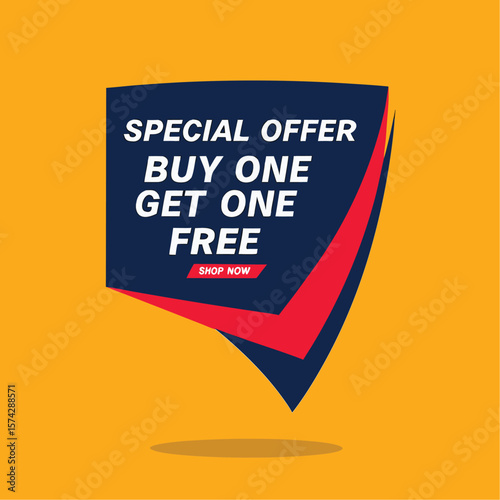 Buy one, get one free special offer label. Sale retail business promotion sticker. Marketing advertising label template vector illustration