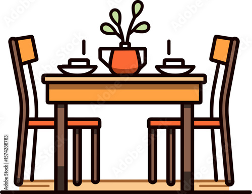 Dining Table with Plant, Chairs and Dishes Illustration