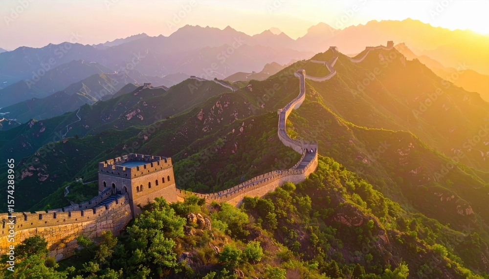 Fototapeta premium sunset view of the great wall of china winding across mountain peaks with golden light and dramatic sky tones
