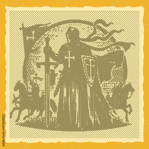  Vibrant Green Halftone Postal Stamp Vector of Medieval Knight Holding Sword | Bold Heroic Armor Warrior Illustration | Vintage Comic Style Historical Warrior Clip art Artwork
