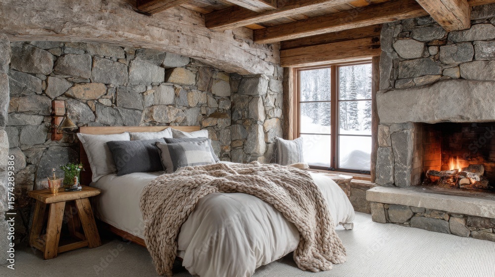 rustic mountain bedroom, stone wall, thick wool blankets, wooden beams, small fireplace in corner rustic mountain bedroom, stone wall, thick wool blankets, wooden beams, small fireplace in corner