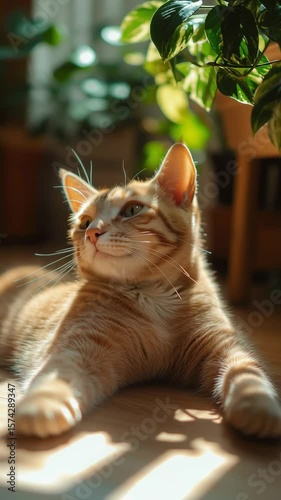 Cat Lounging Peacefully in Sunlight While Enjoying Plants Indoors