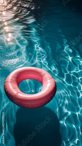Floating Pink Inner Tube in a Bright Pool Reflecting Sunlight in Summer