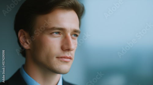 A close-up portrait of a thoughtful young businessman with blue eyes, looking out the window with a pensive expression.