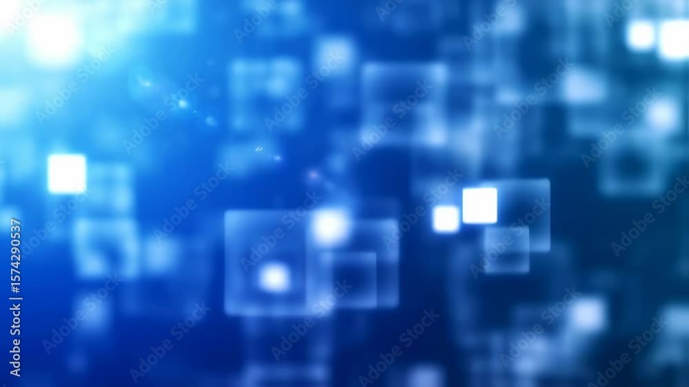 Blue futuristic technology background with bokeh effect and glowing squares animation, suitable