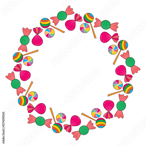 Bright round frame made of sweet lollipops, caramel and candies. Circular candy border. Vector element