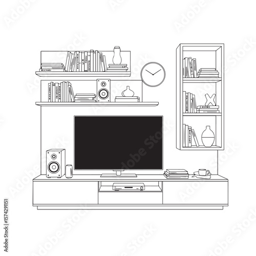 Modern living room interior outline with tv shelves and books decoration