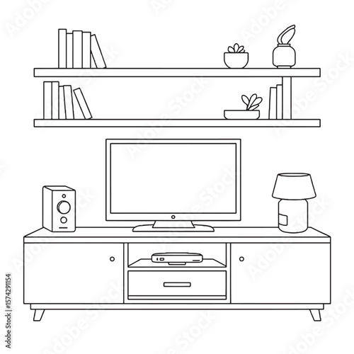 Outline illustration of a living room with shelves and tv furniture