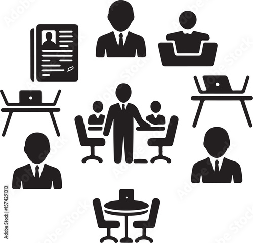 Effective Teamwork and Collaboration Icons Representing Business Meetings, Office Work, and Professional Communication