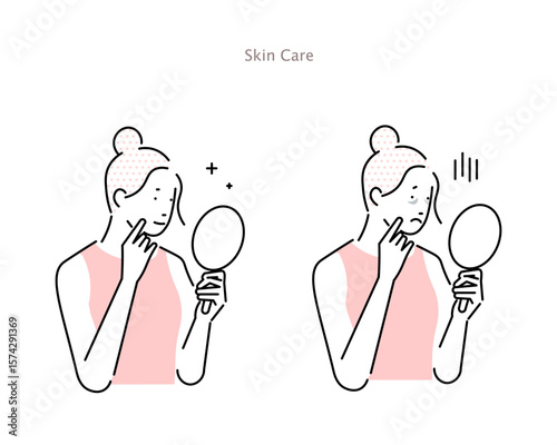 Illustration of a woman suffering from dark circles under her eyes and a woman without dark circles with skin care vector material.目の下のクマに悩む女性とスキンケアをしてクマのない女性のイラストベクター素材