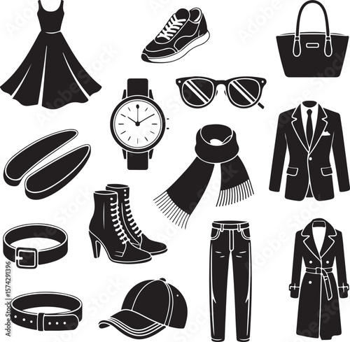 Stylish Fashion Accessories and Apparel Icons A Collection of Black and White Vector Illustrations
