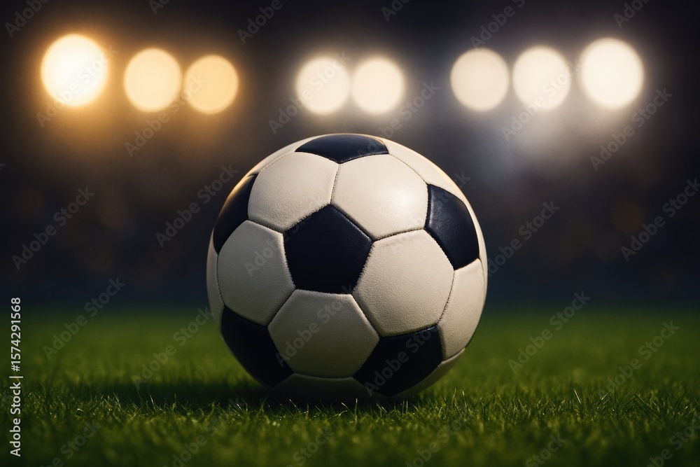 Naklejka premium Soccer ball sits center stage, ready for action on lush green grass under bright stadium lights, promising excitement and athletic competition.