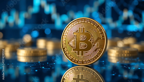 “Gold Bitcoin Coin with Circuit Design and Blurred Financial Chart Representing Cryptocurrency and Digital Investment”