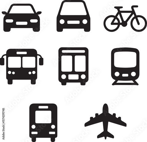 Transportation Icons Cars, Buses, Trains, Bikes, and Airplanes