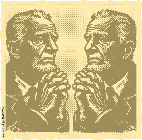  Vibrant green postal stamp vector of elderly old man with hands clasped, expressive lined artwork, retro vintage sketch style, colorful emotional pose for design, print, or illustration