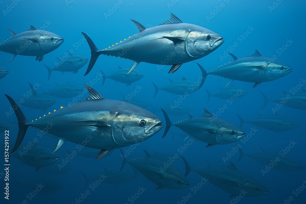 Underwater School of Tuna Fish Swimming in Ocean Depths Underwater School of Tuna Fish Swimming in Ocean Depths