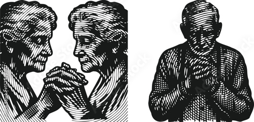  Monochrome lined effect black vector of an elderly woman with hands clasped in prayer or contemplation pose, vintage sketch style artwork, minimal ink drawing bundle illustration