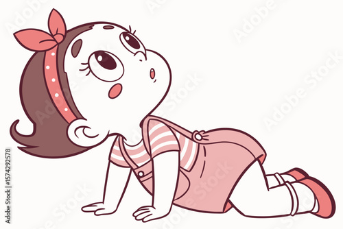 Vector cute Baby Girl cartoon character looking up with wide, innocent eyes isolated on white background