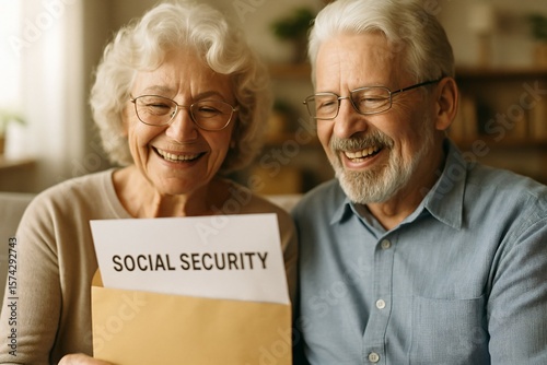 Elderly couple happily receiving social security documents in envelope, smiling with joy and relief. Retirement planning, pension benefits and senior citizen financial security concepts.