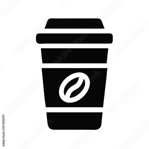 Black to-go coffee cup with coffee bean icon on white background  