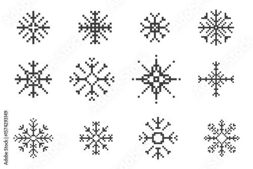 Pixel snowflake winter retro pixilated 8 bit game stamp. Collection y2k snow, minimal and simple. Holiday flake ornament. Simple crystal ornament