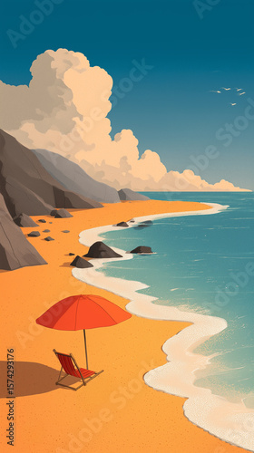 Minimal Beach Illustration with Red Umbrella – Vertical Summer Mobile Wallpaper