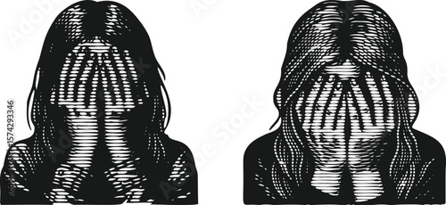  Monochrome lined effect black vector bundle of a woman covering her face with both hands in emotional gesture, expressive hand drawn sketch, dramatic concept art, silhouette illustration