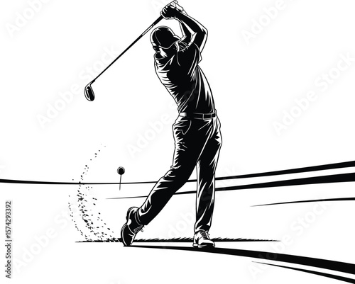 Golfer swinging club during a powerful shot ball