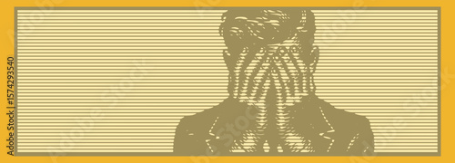  Heavy lined hand drawn banner style vector illustration of a man covering his face with both hands, expressive emotional design in black and white ink sketch style for concept art