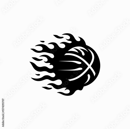 Black Vector Flaming Basketball Logo – No Gradients, White Background

