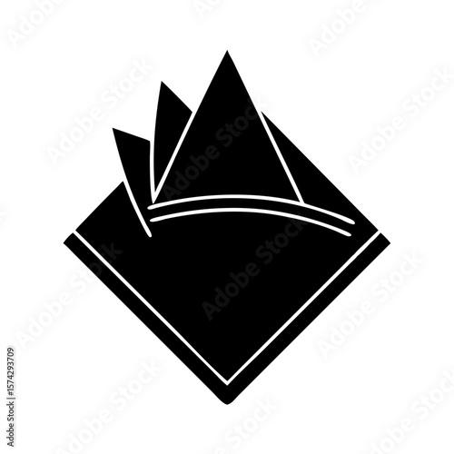 Black napkin folded in a diamond shape with triangular peaks  