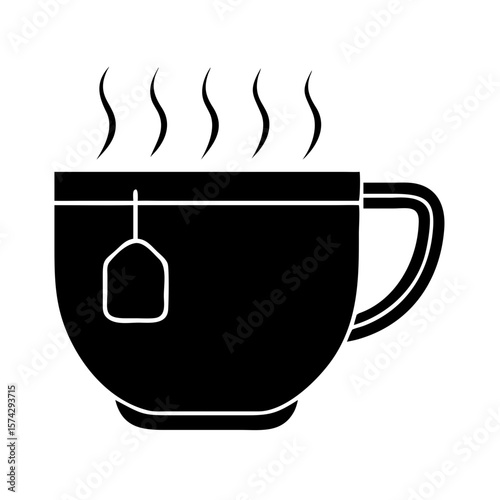 Black tea cup with steaming contents and teabag label concept of icon  