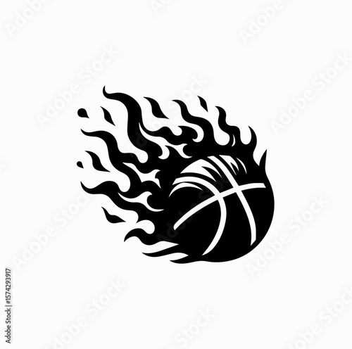 Black Vector Flaming Basketball Logo – No Gradients, White Background

