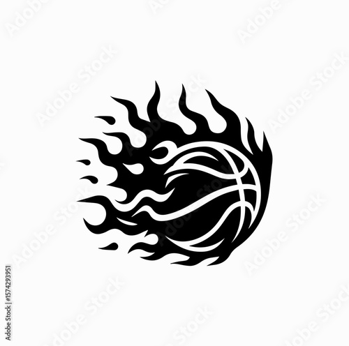 Black Vector Flaming Basketball Logo – No Gradients, White Background

