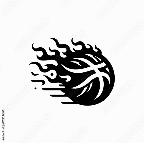 Black Vector Flaming Basketball Logo – No Gradients, White Background

