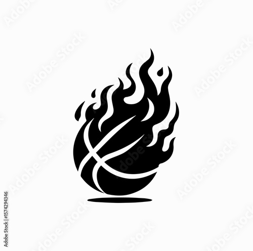 Black Vector Flaming Basketball Logo – No Gradients, White Background

