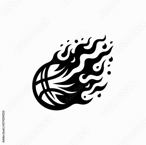 Black Vector Flaming Basketball Logo – No Gradients, White Background

