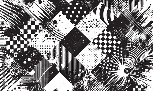 Abstract black and white artwork featuring dynamic geometric patterns, textures, and lines creating a visually striking composition in a modern artistic style
