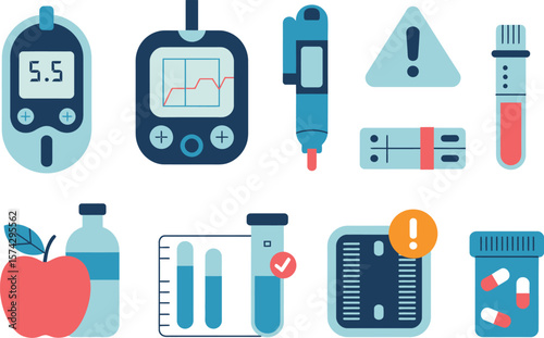 A flat vector illustration depicting various diabetes related objects and medical equipment items


