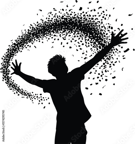 Silhouette of person with exploding particles black