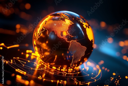 A glowing digital globe highlights the Americas with vibrant orange and blue lights, symbolizing global connectivity and advanced technology.