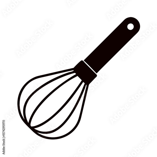 Black whisk for cooking with a wooden handle on white background  
